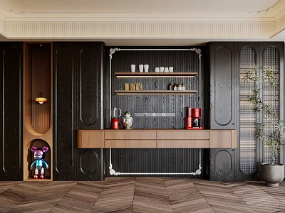 Modern Black Wooden Sideboard with Shelves Holding Cups Red Coffee Makers and Potted Plant Interior 3d model