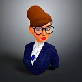 Woman In Navy Blazer With Brown Bun Black Frame Glasses White Shirt And Blue Gemstone