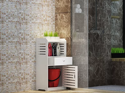 White Decorative Cabinet With Louvered Door Design Drawer And Green Plants By Mosaic Tile Wall 3d model