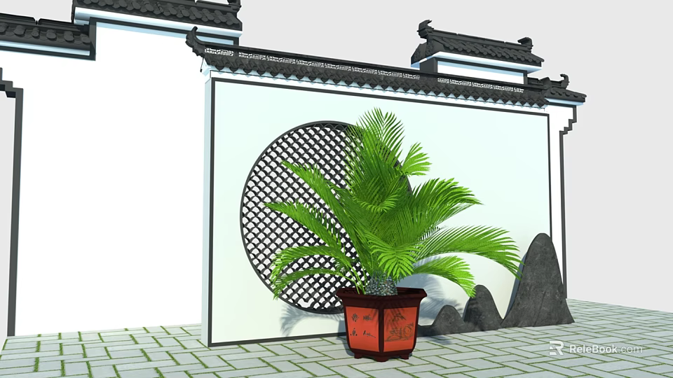 Chinese Garden Wall With Traditional Tile Roof Circular Lattice Window Green Palm Plant Red Flowerpot 3d model 