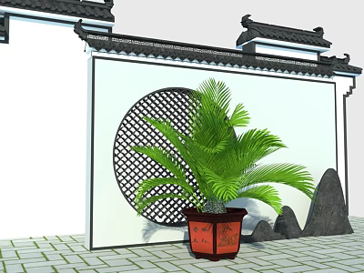 Chinese Garden Wall With Traditional Tile Roof Circular Lattice Window Green Palm Plant Red Flowerpot 3d model