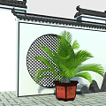 Chinese Garden Wall With Traditional Tile Roof Circular Lattice Window Green Palm Plant Red Flowerpot