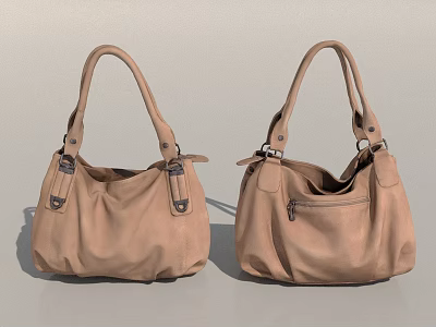 Two Beige Leather Handbags With Handles Metal Buckles And Zipper Details 3d model