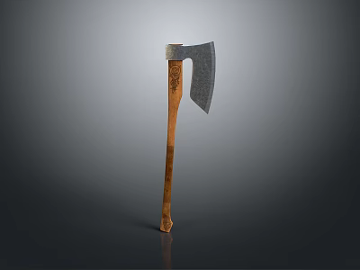 Metal Head Axe With Wooden Handle In Vertical Position On Gray Background 3d model