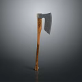 Metal Head Axe With Wooden Handle In Vertical Position On Gray Background