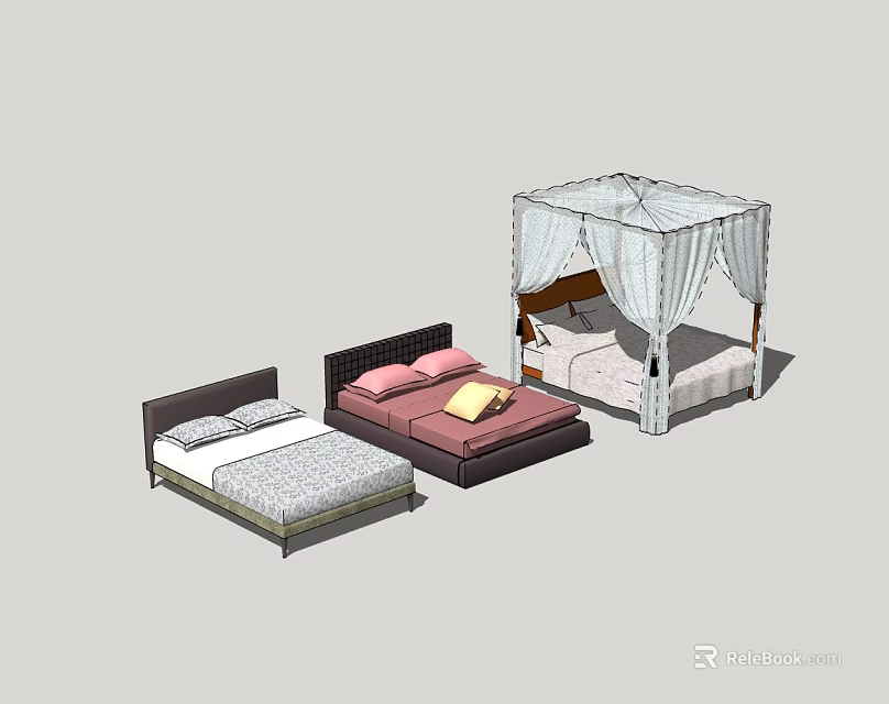 Various Stylish Double Bed Designs With Black Brown Headboards And Canopy Gray Pink White Bedding 3d model 