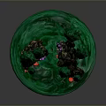 Vibrant Green Circular Landscape With Tall Trees Colorful Stones And Red Purple Accents