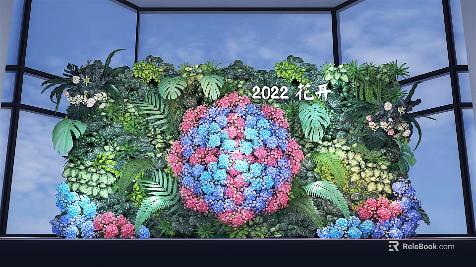 Decorative Living Plant Wall with Blooming Colorful Hydrangea and Green Fern Leaves 3d model 