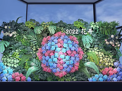 Decorative Living Plant Wall with Blooming Colorful Hydrangea and Green Fern Leaves 3d model