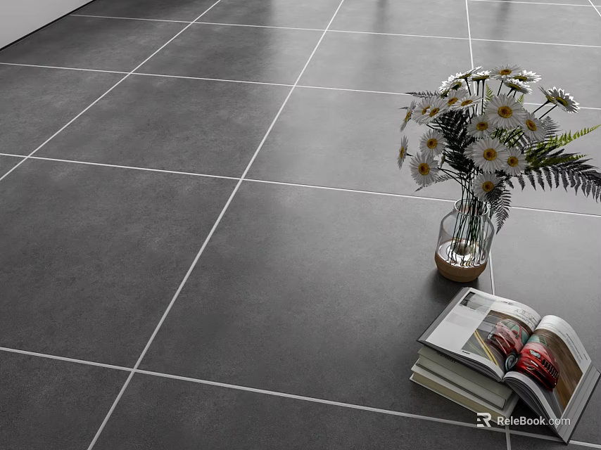Gray Floor Tiles in Modern Room Setting with White Flowers Ferns and Open Books 3d model 