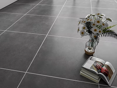 Gray Floor Tiles in Modern Room Setting with White Flowers Ferns and Open Books 3d model
