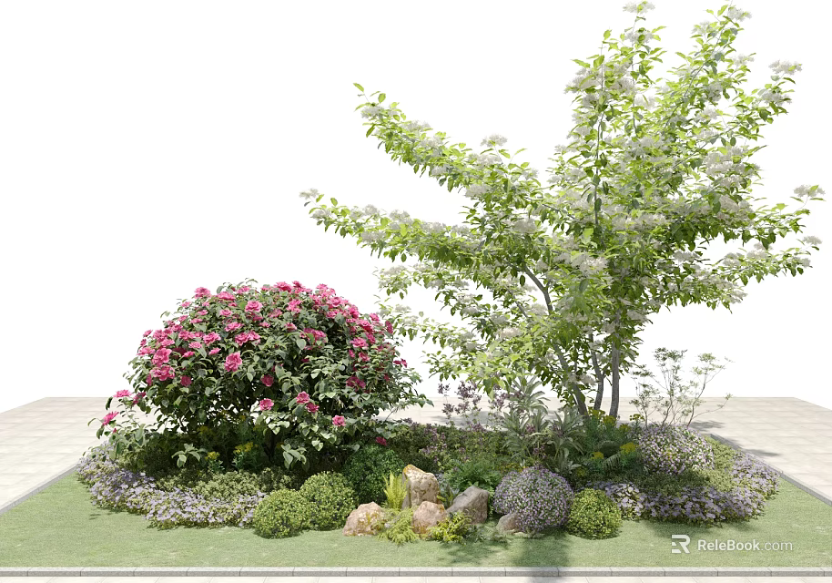 Pink Flowering Shrub Surrounded by White Flowering Tree Small Green Plants Stones and Lawn 3d model 