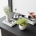 Black Table Decor With Green Plants Books Vase Copper Bowl And Glassware