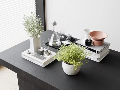 Black Table Decor With Green Plants Books Vase Copper Bowl And Glassware 3d model