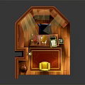 Cartoon Style Wooden Room Interior With Desk Chair Red Rug Globe And Windows