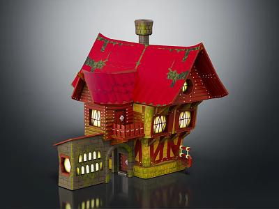 Cartoon Style House with Red Roof Yellow Walls Chimney and Windows Details 3d model