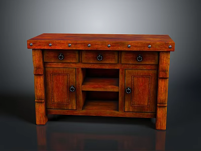 Classic Wooden Cabinet Design With Drawers Doors Open Shelf And Metal Rivets 3d model