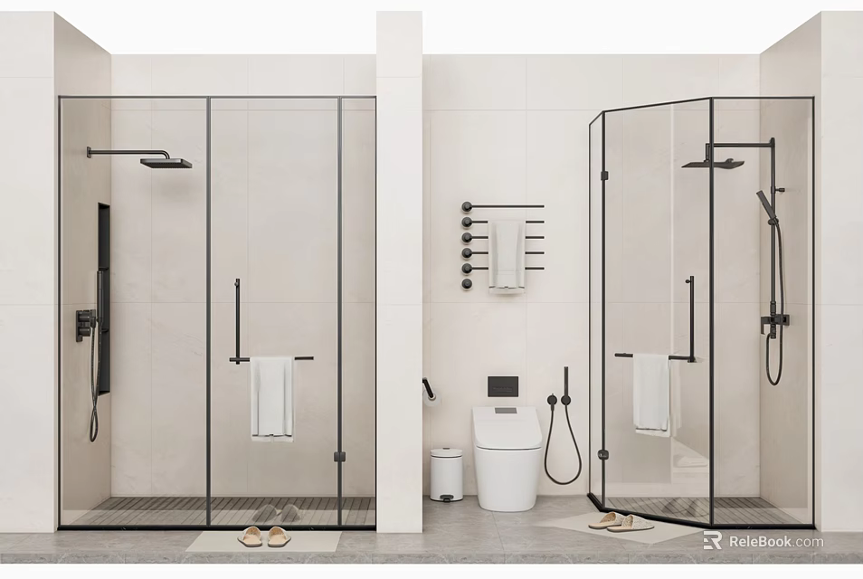 Shower Head In Modern Glass Shower Enclosure With Black Frame And Bathroom Fixtures 3d model 