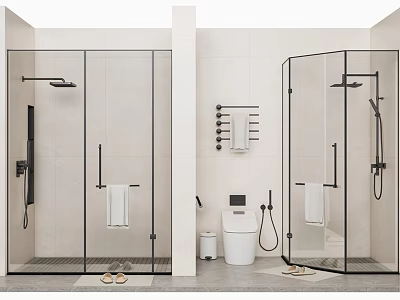 Shower Head In Modern Glass Shower Enclosure With Black Frame And Bathroom Fixtures 3d model