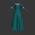 Teal Floor Length Long Sleeve Dress With Decorative Neckline And Trimmed Cuffs