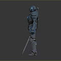 Armored Character With Blue And Black Metallic Armor Holding Sword In Standing Pose