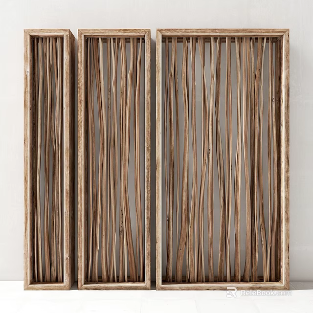 Natural Wooden Room Divider Featuring Vertical Slatted Strips And Modern Design 3d model 