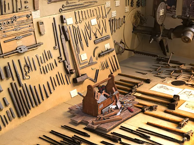 Antique Tools Collection Featuring Various Hanging Wall Tools And Table Displays 3d model