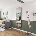 Modern Living Room Coat Rack With Green Leaf Painting Large Mirror And White Green Walls