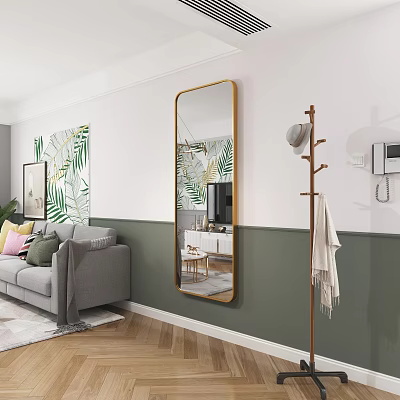 Modern Living Room Coat Rack With Green Leaf Painting Large Mirror And White Green Walls 3d model