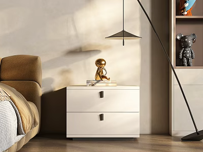 White Two Drawer Bedside Table With Gold Statue Books And Floor Lamp In Bedroom 3d model
