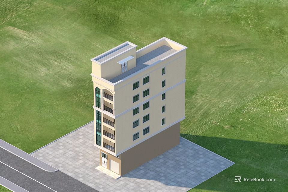 Detached Villa Exterior With Multi Story Structure Balconies Green Lawn And Paved Ground 3d model 