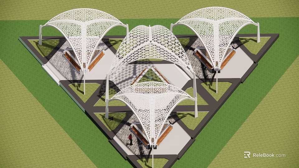 White Perforated Canopy Structures In Outdoor Public Space With Pathways Grass Areas And People 3d model 