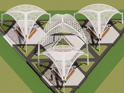 White Perforated Canopy Structures In Outdoor Public Space With Pathways Grass Areas And People 3d model