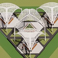 White Perforated Canopy Structures In Outdoor Public Space With Pathways Grass Areas And People