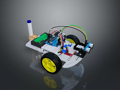 Robot Car With White Chassis Yellow Wheels Electronic Components And Colorful Wires 3d model