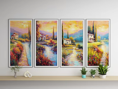 Four Vibrant Rural Landscape Paintings With River Houses Flowers Trees 3d model