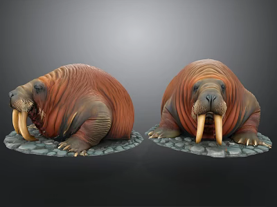 Realistic 3D Walrus Models With Long Tusks And Brown Fur On Stone Bases 3d model
