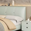 Light Green Leather Double Bed with Nightstands Minimalist Painting and Green Plant on Striped Rug