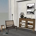Modern Wooden Decorative Cabinet with Storage Shelves Rattan Chair Wall Art Table Lamp and Decorative Bowls