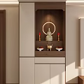 Modern Elegant Entryway Interior Design With White Wooden Cabinets Buddha Shrine Candles And Fruits