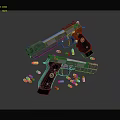 Two Detailed Tactical Handguns With Orange Accents And Scattered Bullets On Dark Surface