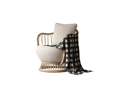 Cozy Wicker Lounge Chair With Soft Beige Cushion And Plaid Blanket 3d model