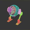 Blue Green Mechanical Sphere Character With Golden Structure Glowing Circular Part And Stand