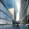 Modern Tall Buildings Featuring Glass Curtain Walls With Connecting Structure And Sky Reflections