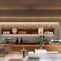 Modern Café with Wooden Slat Ceiling Lighting Strips Bar Counter Drink Displays Staff and Plants 3d model