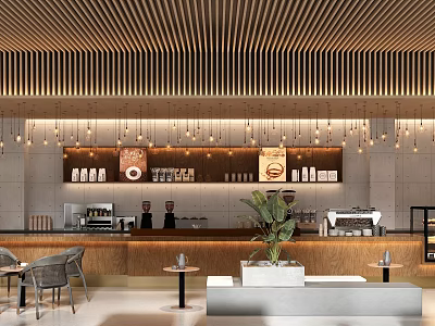 Modern Café with Wooden Slat Ceiling Lighting Strips Bar Counter Drink Displays Staff and Plants 3d model