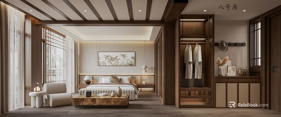 Modern Chinese Style Bedroom Interior With Wooden Bed Palm Leaf Painting And Wardrobe 3d model 
