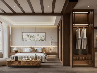 Modern Chinese Style Bedroom Interior With Wooden Bed Palm Leaf Painting And Wardrobe 3d model