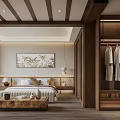 Modern Chinese Style Bedroom Interior With Wooden Bed Palm Leaf Painting And Wardrobe