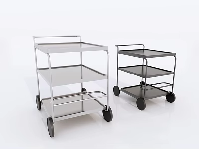 Silver And Black Metal Utility Carts With Multiple Shelves And Wheels 3d model